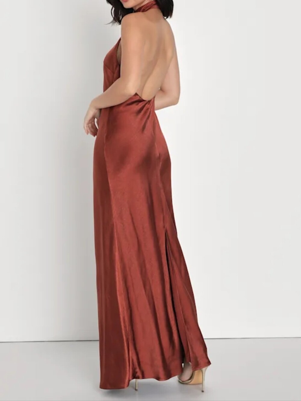 Lulus Love in Your Life Rust Brown Backless Satin Halter Maxi Dress- XL -NWT - Picture 3 of 12